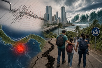 Montaje con un sismograma, un mapa de Panamá, una ola gigante junto a edificios y personas caminando cerca de un suelo agrietado.