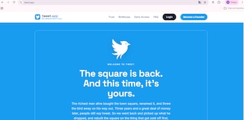 Captura de pantalla de la página principal de tweet.app con fondo azul, la silueta blanca de un pájaro y menús de navegación