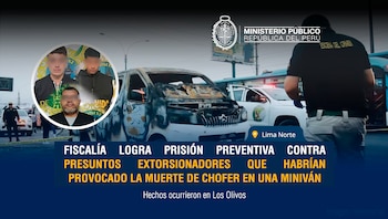 Composición gráfica con una miniván calcinada, el logotipo del Ministerio Público y un recuadro con tres hombres arrestados