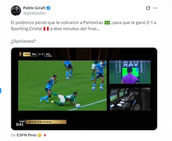 La publicación de Pablo Giralt sobre polémica penal en Sporting Cristal vs Palmeiras