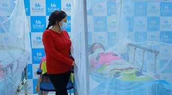 Una mujer con suéter rojo y mascarilla azul de pie junto a una cama hospitalaria cubierta con un mosquitero donde yace una persona.