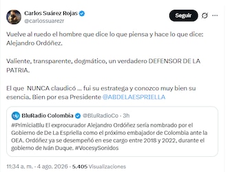 Carlos Suárez celebró el nombramiento de Ordoñez - crédito @carlossuarezr/X