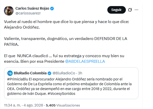 Carlos Suárez celebró el nombramiento de Ordoñez - crédito @carlossuarezr/X