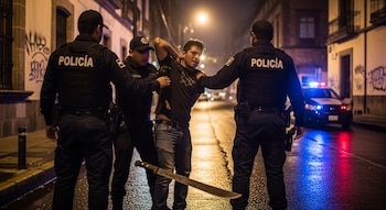 Cuatro policías uniformados detienen a un hombre en una calle mojada y oscura, junto a un coche patrulla con luces azules y rojas y un machete en el suelo.