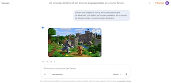 Captura de pantalla de la interfaz de Gemini mostrando una imagen generada por IA de Tom y Jerry pixelados en un paisaje de Minecraft con árboles y un castillo de piedra