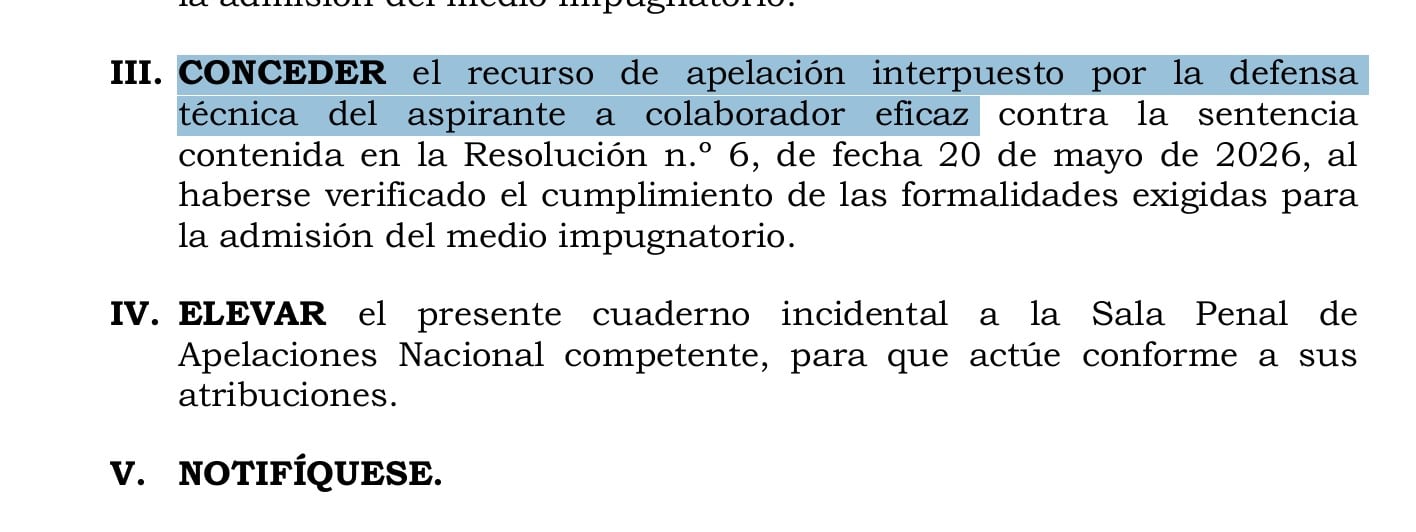 Un documento judicial resuelve conceder el recurso de apelación presentado por la defensa de un aspirante a colaborador eficaz y elevar el caso a la Sala Penal de Apelaciones Nacional.