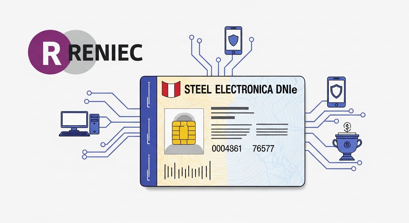 La ilustración presenta el DNI electrónico peruano como el eje central que conecta a los ciudadanos con diversos servicios digitales, incluyendo trámites gubernamentales, banca y voto electrónico. (Imagen Ilustrativa Infobae)