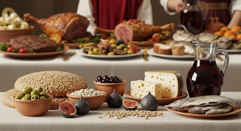 Mesa en primer plano con pan, aceitunas verdes y negras, queso, legumbres blancas, higos, una jarra de vino y pescado. Fondo desenfocado con carnes asadas y más alimentos.