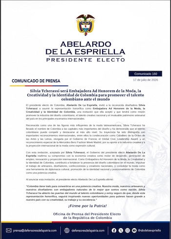 Abelardo de la Espriella designó a Silvia Tcherassi como embajadora Ad Honorem de la Moda colombiana - crédito Defensores de la Patria