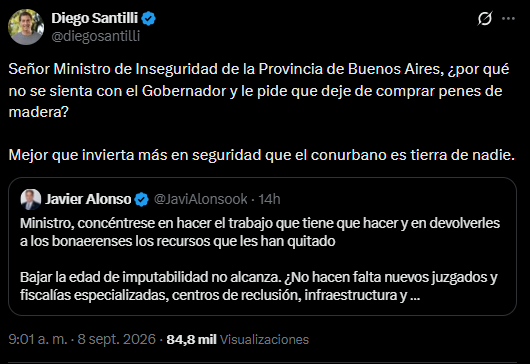 Diego Santilli cruzó a Javier Alonso en medio de la polémica por la aplicación del nuevo Régimen Penal Juvenil en la provincia de Buenos Aires.