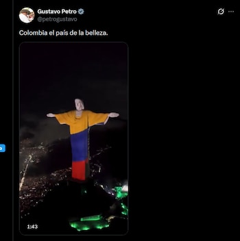 El presidente mostró las imágenes del Cristo Redentor iluminado con la bandera de Colombia - crédito X