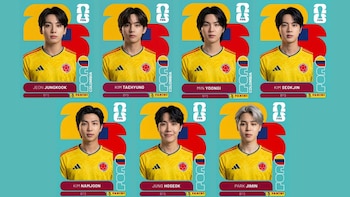 BTS aparece en láminas del Mundial 2026 con la camiseta de Colombia creadas por fans en formato Panini