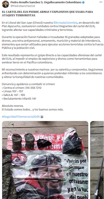 El ministro Pedro Arnulfo Sánchez destacó avance en la neutralización de capacidades criminales del ELN - crédito @PedroSanchezCol/X
