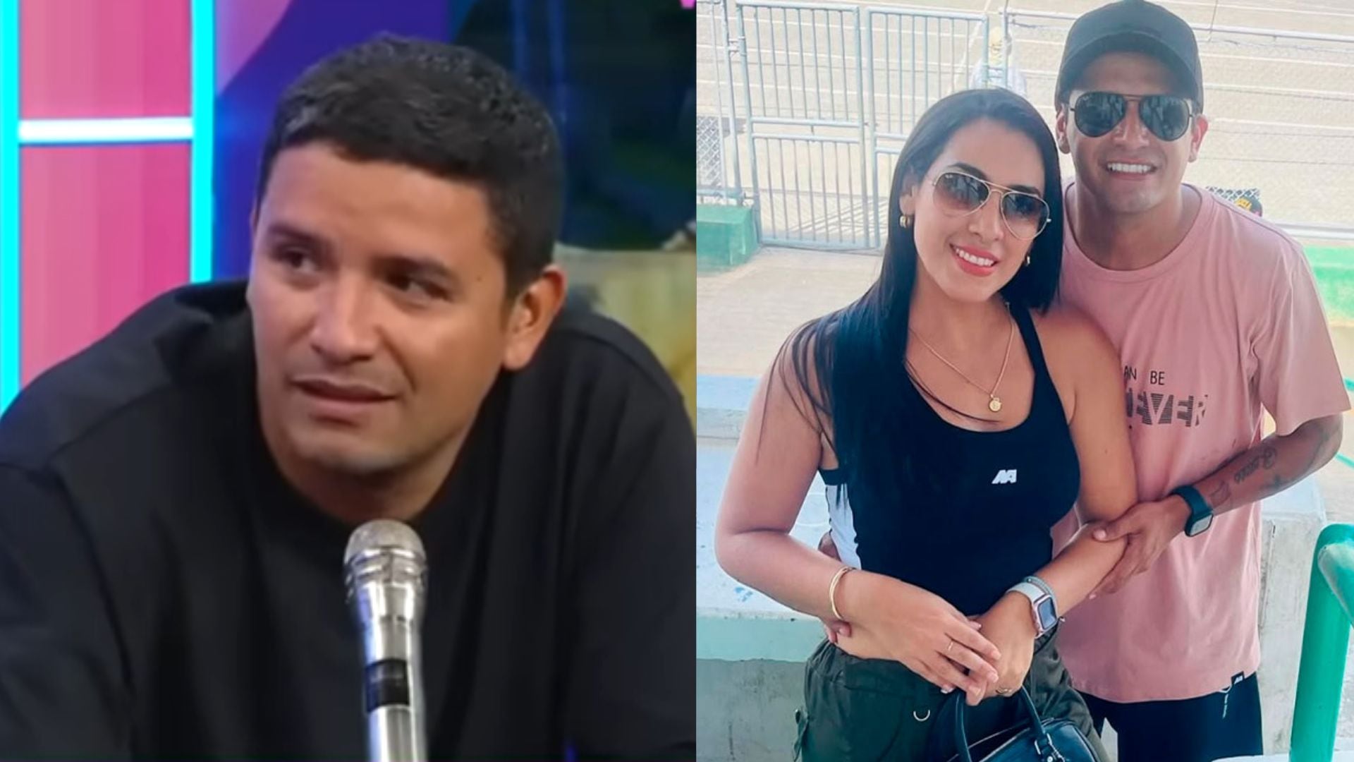 El exfutbolista Reimond Manco reacciona en televisión (izquierda) y posa con una mujer (derecha) tras la filtración de chats que generaron controversia mediática.