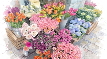 Varios cubos metálicos y cajas de madera llenos de tulipanes, rosas y hortensias multicolores colocados en una acera de piedra.