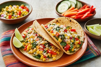 Dos tacos con elote y queso en un plato de barro junto a tazones con ensalada de maíz, bastones de zanahoria, pepino y rodajas de limón.