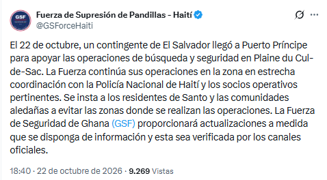 Un contingente de El Salvador llegó a Puerto Príncipe para reforzar las operaciones de búsqueda y seguridad en Plaine du Cul-de-Sac, coordinadas con la Policía Nacional de Haití. (Cortesía: Fuerza de Supresión de Pandillas)