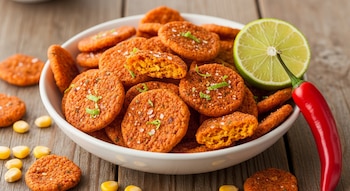 Un tazón de botanas redondas de maíz nixtamalizado con chile, sal y lima, junto a un chile rojo, medio limón y granos de maíz sobre madera.