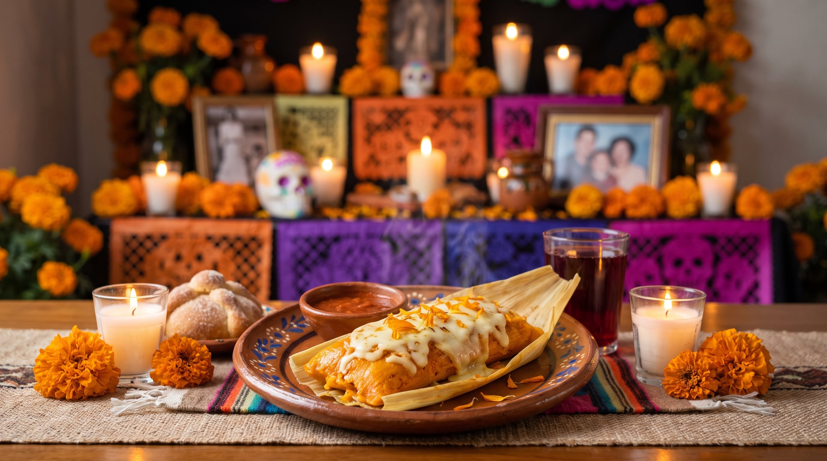 Un tamal de cempasúchil con queso derretido reposa en un plato de barro frente a un altar tradicional de Día de Muertos decorado con flores y velas. (Imagen Ilustrativa Infobae)