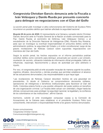 La acción judicial de Christian Garcés solicita investigar a los exfuncionarios por el presunto delito de concierto para delinquir, en medio de la controversia generada por supuestos beneficios al Clan del Golfo - crédito @ChriGarces/X