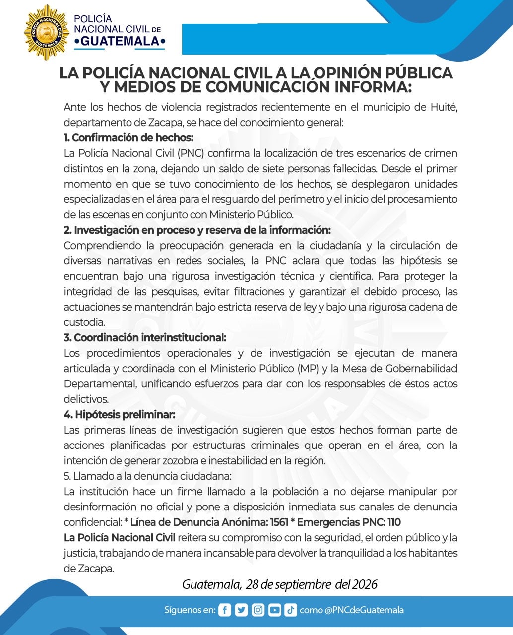 La policía guatemalteca se pronunció después de los ataques armados. (PNC de Guatemala)