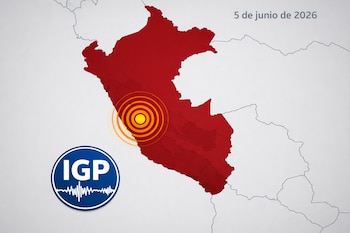 Mapa de Perú en rojo oscuro sobre fondo gris claro, con un ícono de epicentro sísmico en la costa. Se observa el logo azul del IGP y la fecha 5 de junio de 2026.