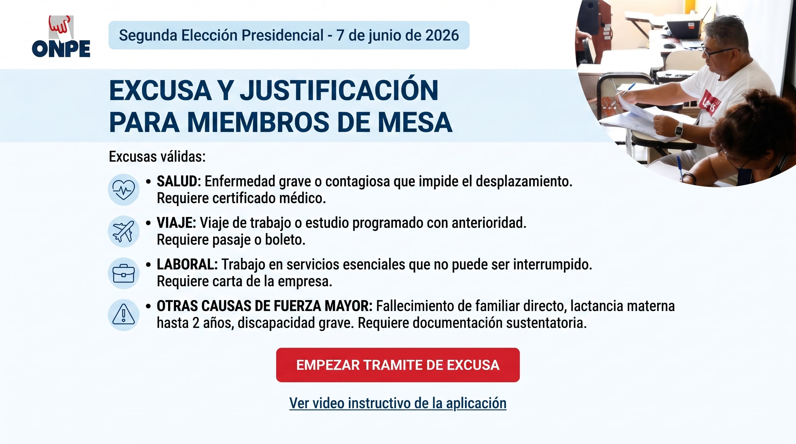 La ONPE detalla las razones válidas y los requisitos para la justificación de ausencia de miembros de mesa en la Segunda Elección Presidencial del 7 de junio de 2026. (Imagen Ilustrativa Infobae)