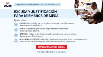 Cartel informativo de ONPE mostrando las excusas válidas para miembros de mesa y la fecha 7 de junio de 2026. Dos personas en un aula escribiendo.