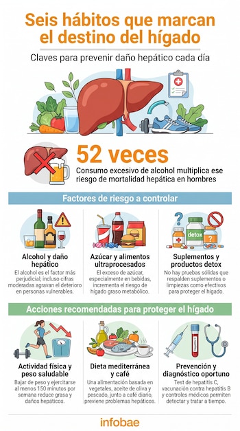 Infografía del hígado, alimentos, bebidas, zapatillas, mancuernas, botellas, comida rápida, pastillas, mujer corriendo, estetoscopio y jeringa.