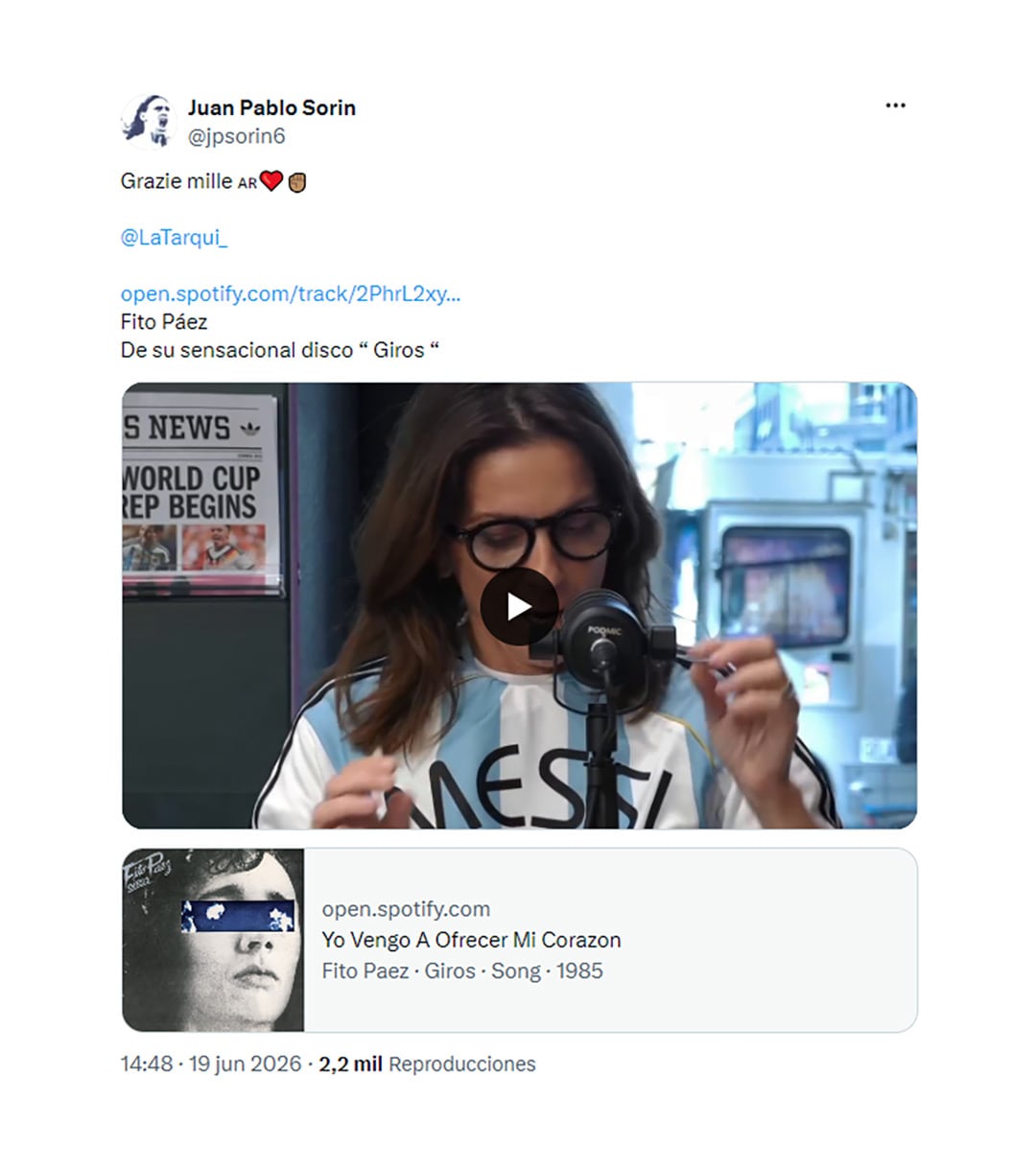 Juan Pablo Sorín agradeció el mensaje de Alessia Tarquinio