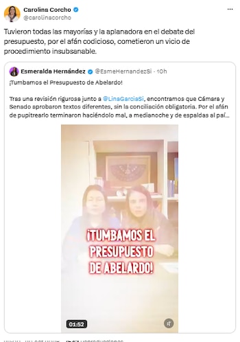 Carolina Corcho denunció un “vicio de procedimiento insubsanable” en el presupuesto - crédito @carolinacorcho/X