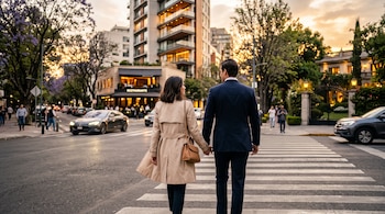 Una mujer con gabardina y un hombre con traje cruzan de espaldas un paso peatonal en una calle con árboles, edificios y automóviles.