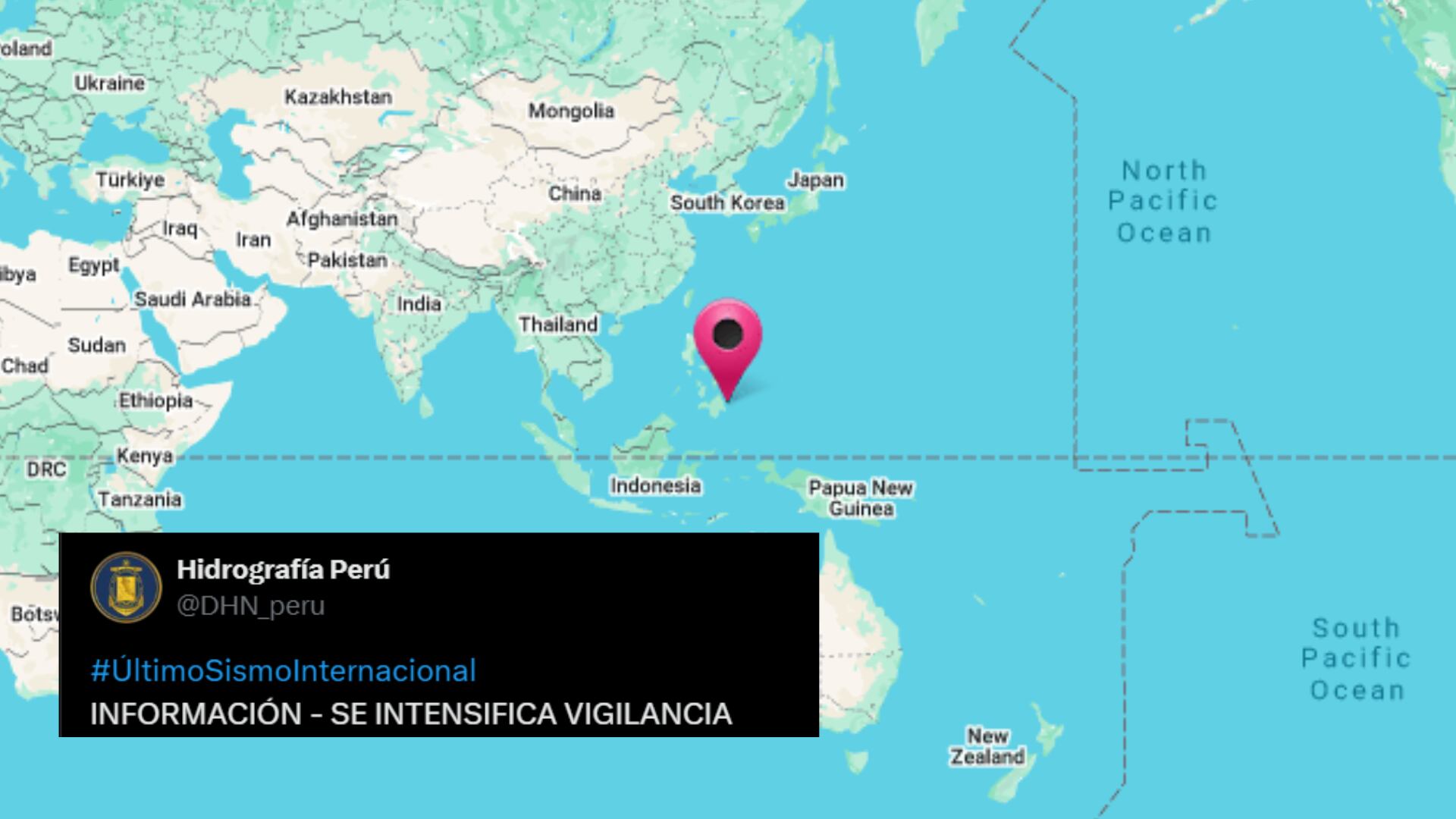 La Dirección de Hidrografía y Navegación (DHN) de la Marina de Guerra del Perú informó que mantiene una vigilancia intensificada tras el sismo de magnitud 7.4 ocurrido en Filipinas. (Composición: Infobae)