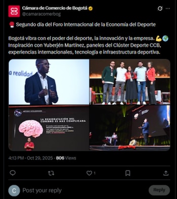 El boxeador colombiano en el Foro Internacional de la Economía del Deporte llevado a cabo en Bogotá en 2025-crédito @camaracomerbog/X