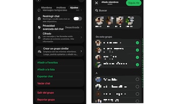 Captura de pantalla de iPhone. Interfaz de aplicación móvil en modo oscuro con dos paneles: ajustes de chat y añadir miembros a un grupo