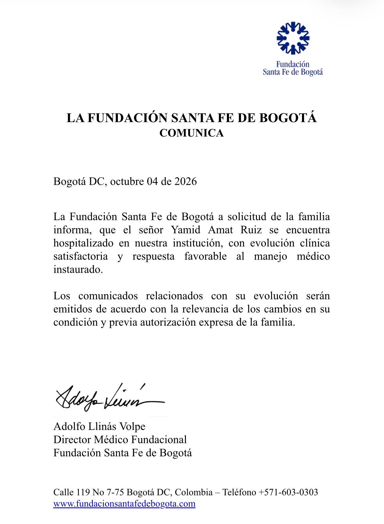 Comunicado oficial sobre el estado de salud de Yamid Amat - crédito Fundación Santa Fe de Bogotá / X