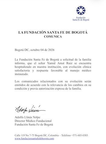 Comunicado oficial sobre el estado de salud de Yamid Amat - crédito Fundación Santa Fe de Bogotá / X