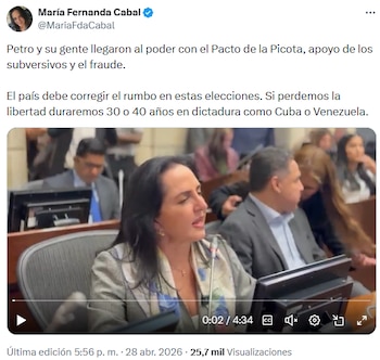 Fuerte pronunciamiento de María Fernanda Cabal en el Senado por ola de violencia y política de seguridad - crédito @MariaFdaCabal/X