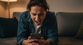 Una persona con expresión de enojo mira un teléfono móvil con la boca abierta, sentada en un sofá, con una lámpara de pie detrás.