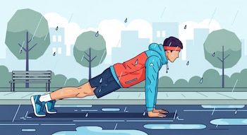 Ilustración vectorial: Persona con ropa deportiva realiza plancha o flexión bajo la lluvia. Se ven charcos, árboles y edificios al fondo.