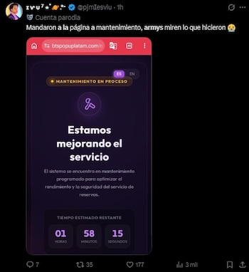 BTS POP-UP en Lima: página de reservas falla tras abrirse el registro y luego restablece su servicio. Captura: X.