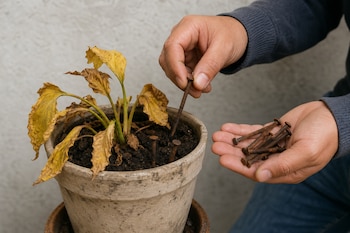 Unas manos colocan clavos oxidados en la tierra de una maceta donde hay una planta de hojas amarillas.