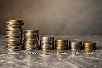 Seis pilas de monedas doradas y plateadas sobre mármol gris. La de Venezuela es la más alta y desordenada, seguida por la de Argentina. Las demás son más bajas.