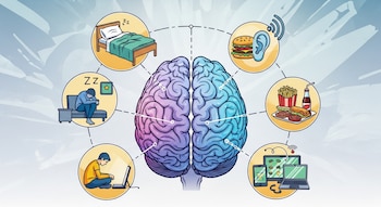Ilustración de un cerebro con íconos que muestran: cama desordenada, persona sedentaria, laptop, oído, comida chatarra y dispositivos tecnológicos.