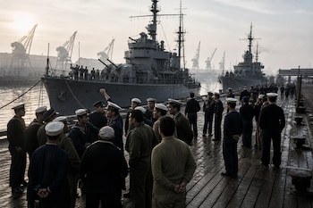 Marinos en uniforme sobre un muelle de madera, varios buques de guerra al fondo y grúas portuarias bajo un cielo nublado.