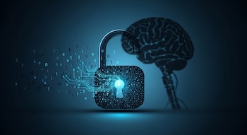 Ilustración digital de una cerradura semiabierta con circuitos y código binario en el centro, y una silueta difusa de un cerebro mecánico en segundo plano.