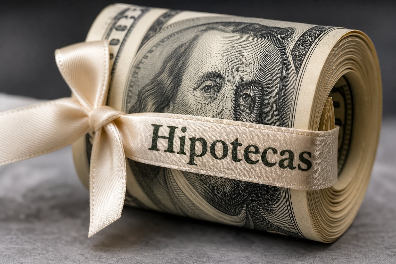Un rollo de billetes de dólar atado con una cinta en la que se lee la palabra Hipotecas ilustra el difícil financiamiento en el sector inmobiliario. (Imagen Ilustrativa Infobae)