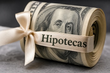 Un rollo de billetes de cien dólares atado con una cinta clara de raso que tiene escrita la palabra Hipotecas en letras oscuras.