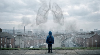 Un niño con campera azul y mochila de espaldas, mirando una ciudad británica con edificios residenciales bajo un cielo nublado y niebla; en el smog se aprecian unos pulmones.