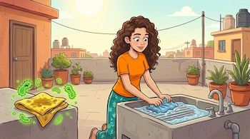 Mujer de tez clara, cabello rizado, lava un trapo azul en un lavadero de cemento. Un paño amarillo con microorganismos verdes luminosos está al lado. Azotea urbana.